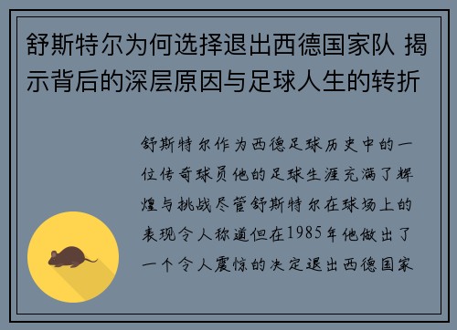 舒斯特尔为何选择退出西德国家队 揭示背后的深层原因与足球人生的转折点