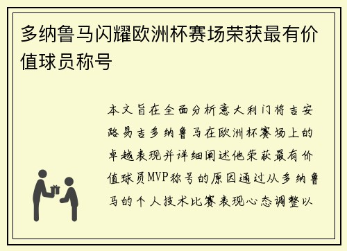 多纳鲁马闪耀欧洲杯赛场荣获最有价值球员称号